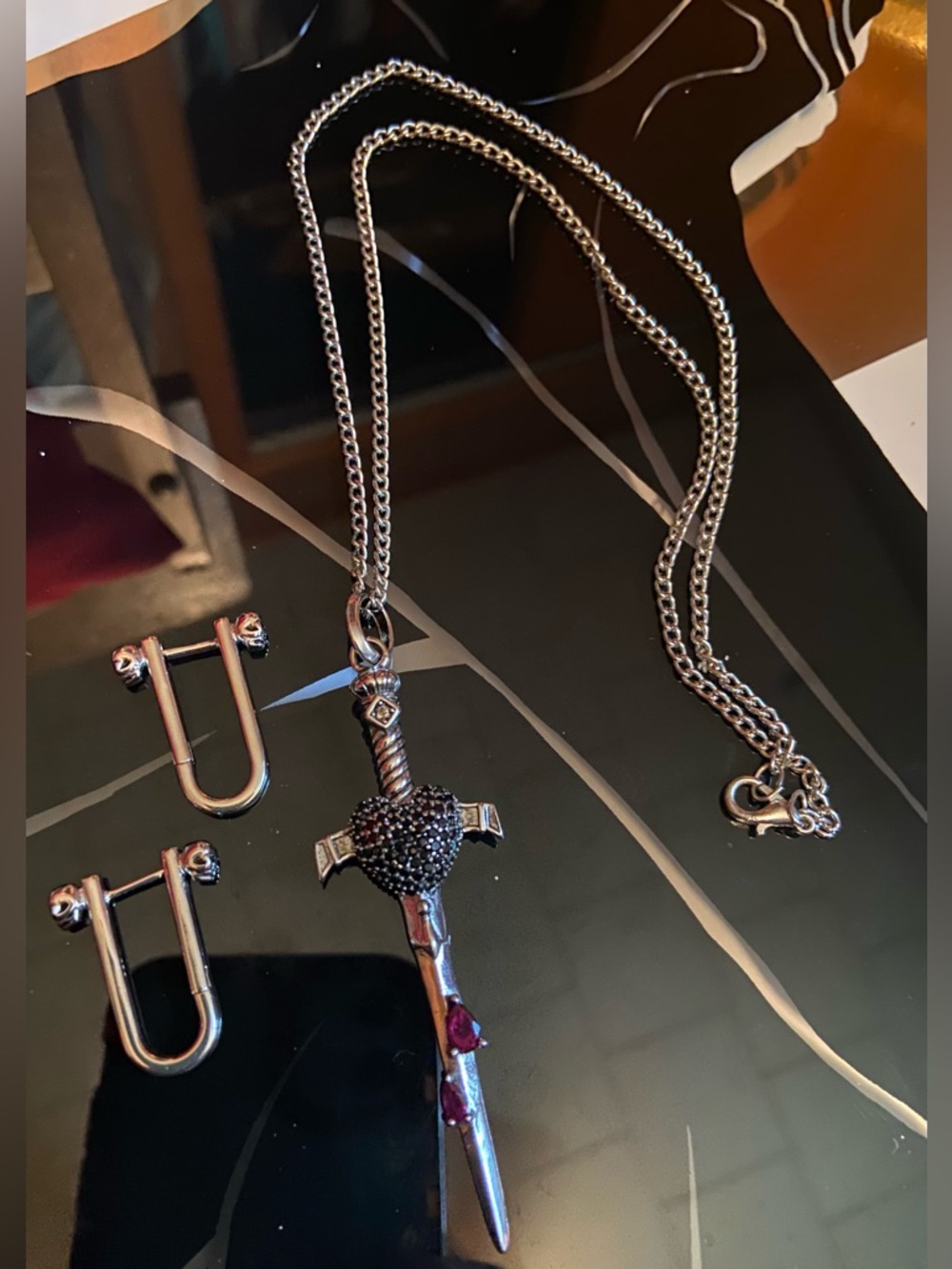 925 Sterling Sword Pendant Necklace with red gems(necklace only)